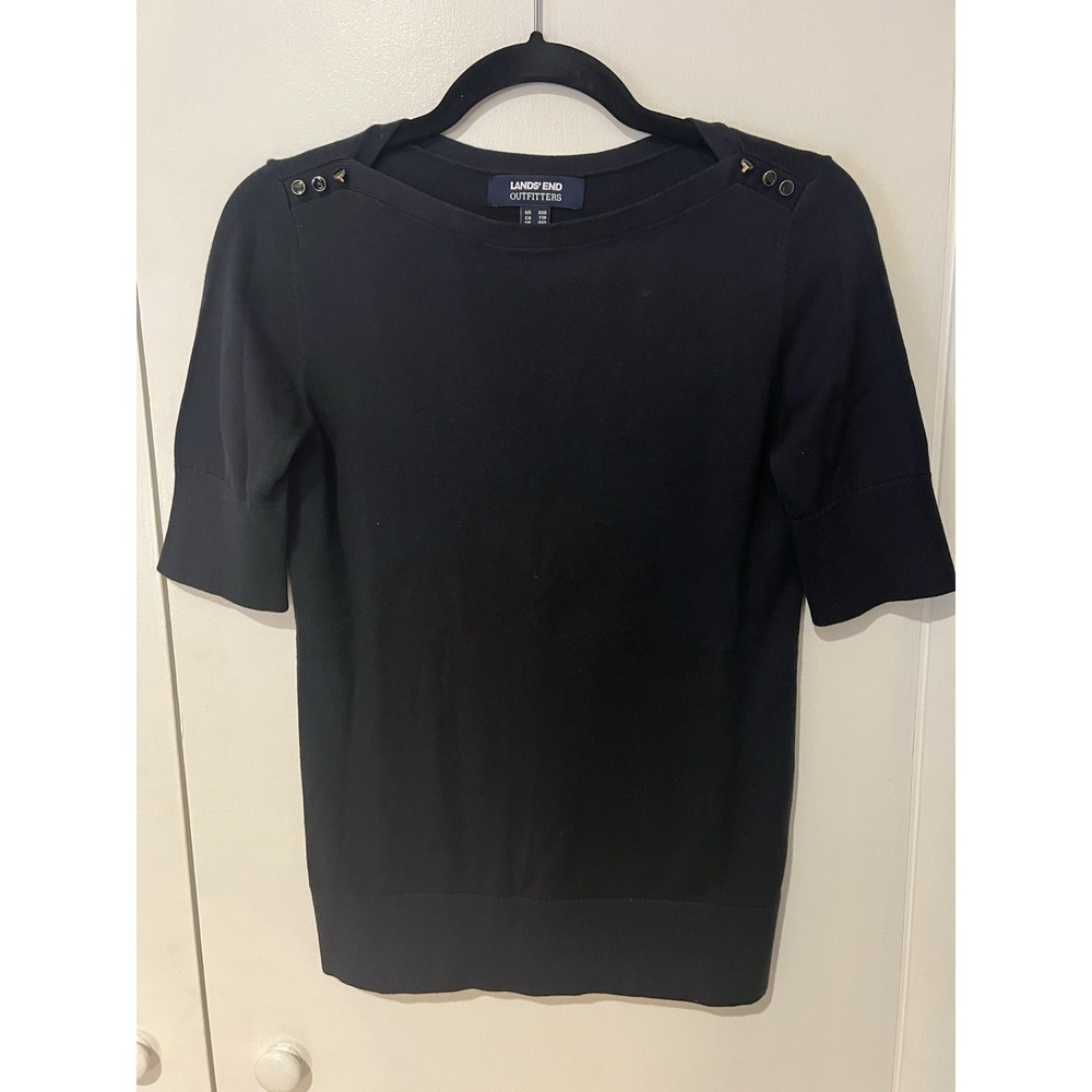 Lands End Knit Blouse Womens Size XXS Black‎ Boat Neck Gold Button Accents